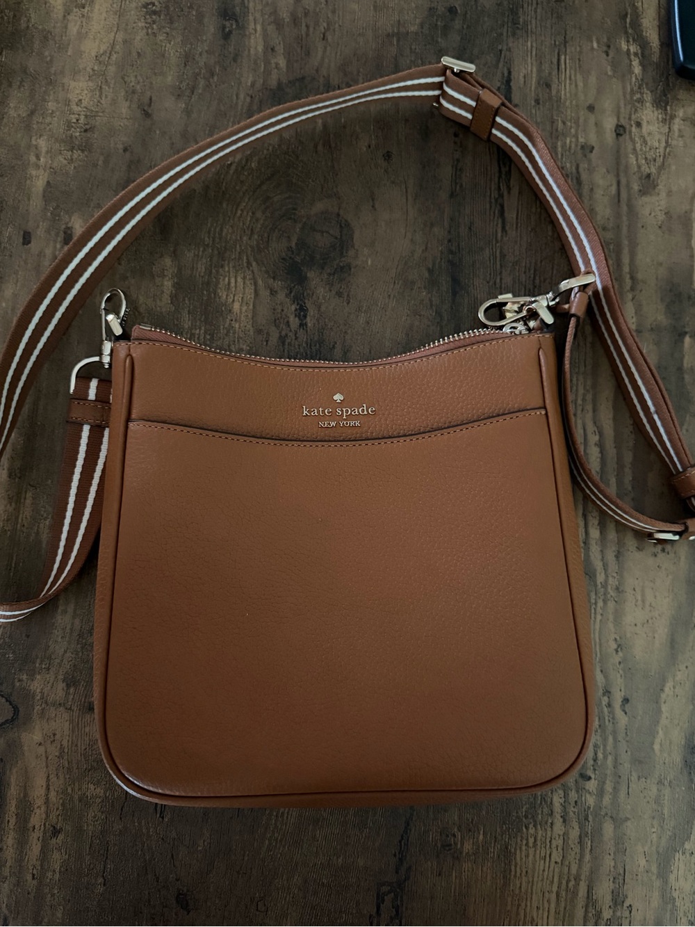 kate spade tan leather crossbody with striped strap